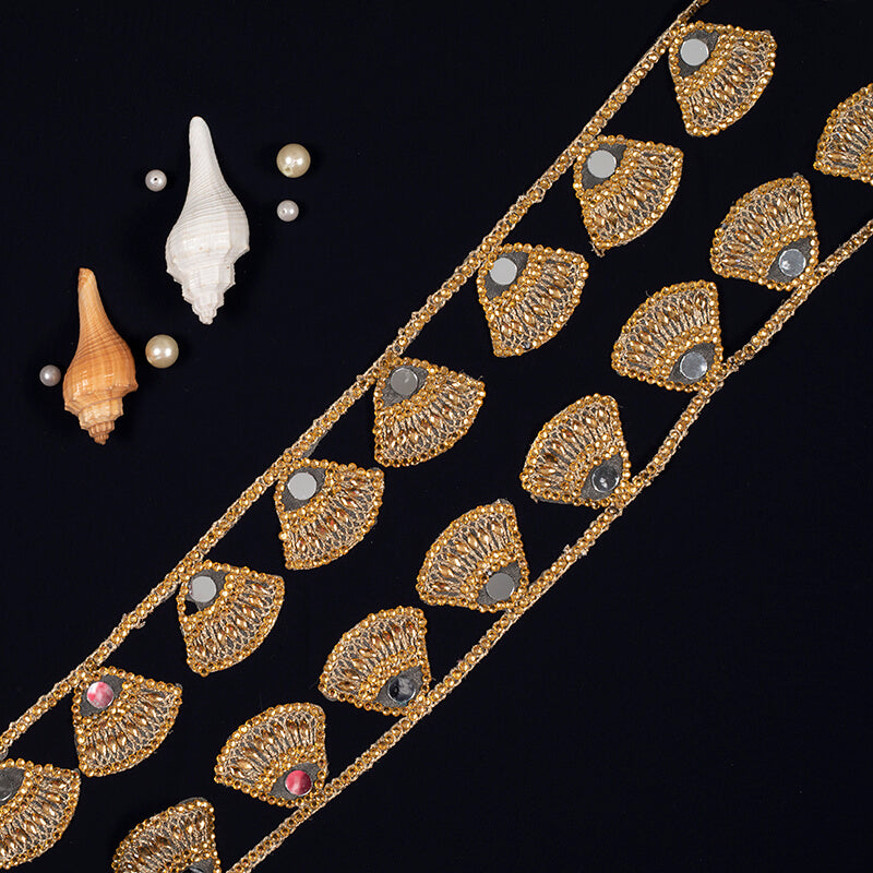 Golden Stone Mirror Cut Work Embroidery Lace (9 Mtr) - Fabcurate