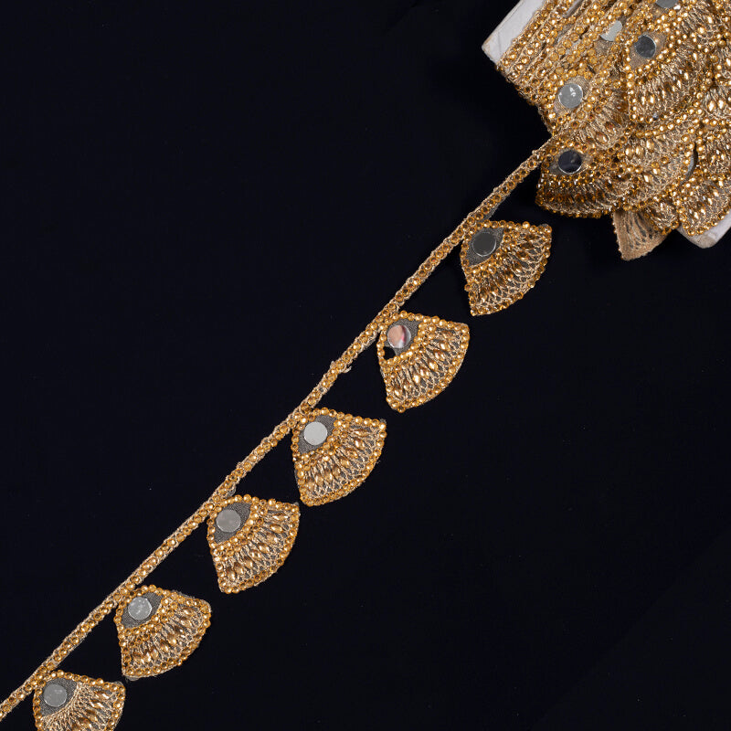 Golden Stone Mirror Cut Work Embroidery Lace (9 Mtr) - Fabcurate