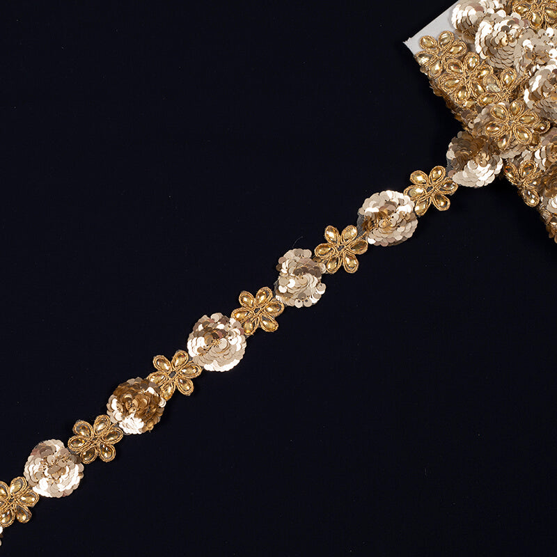 Golden Stone Sequins Cut Work Embroidery Lace (9 Mtr) - Fabcurate