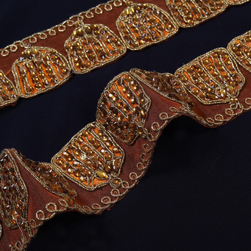 Orange Stone Cut Work Embroidery Lace (9 Mtr) - Fabcurate