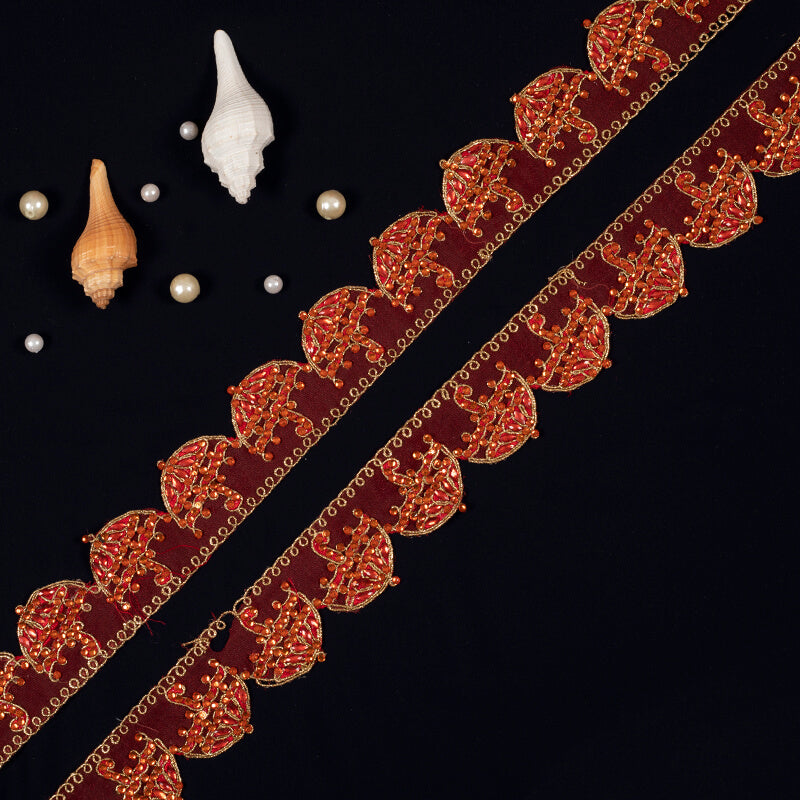 Red Stone Cut Work Embroidery Lace (9 Mtr) - Fabcurate