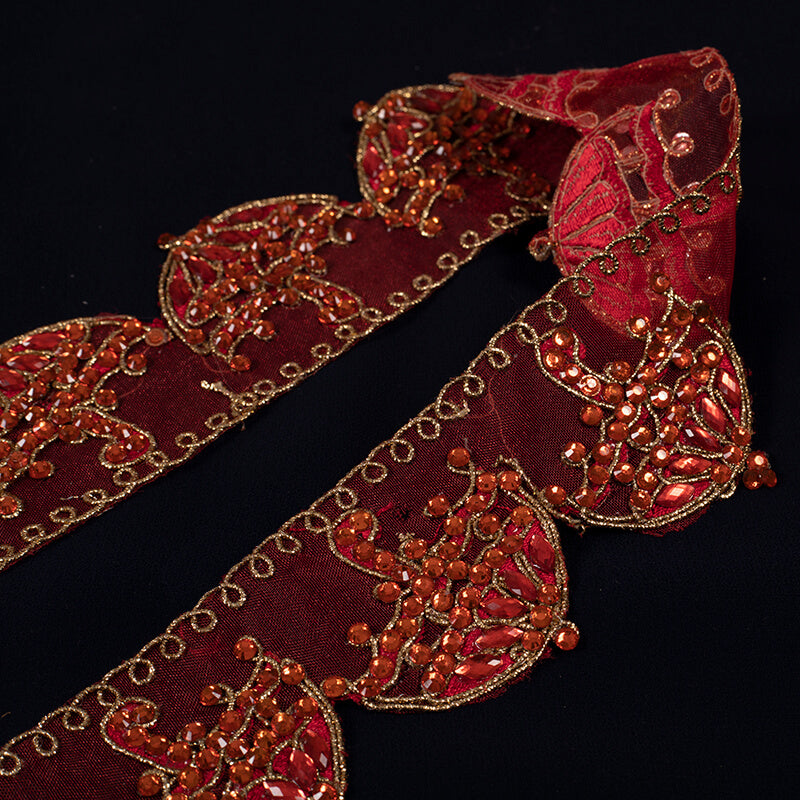 Red Stone Cut Work Embroidery Lace (9 Mtr) - Fabcurate