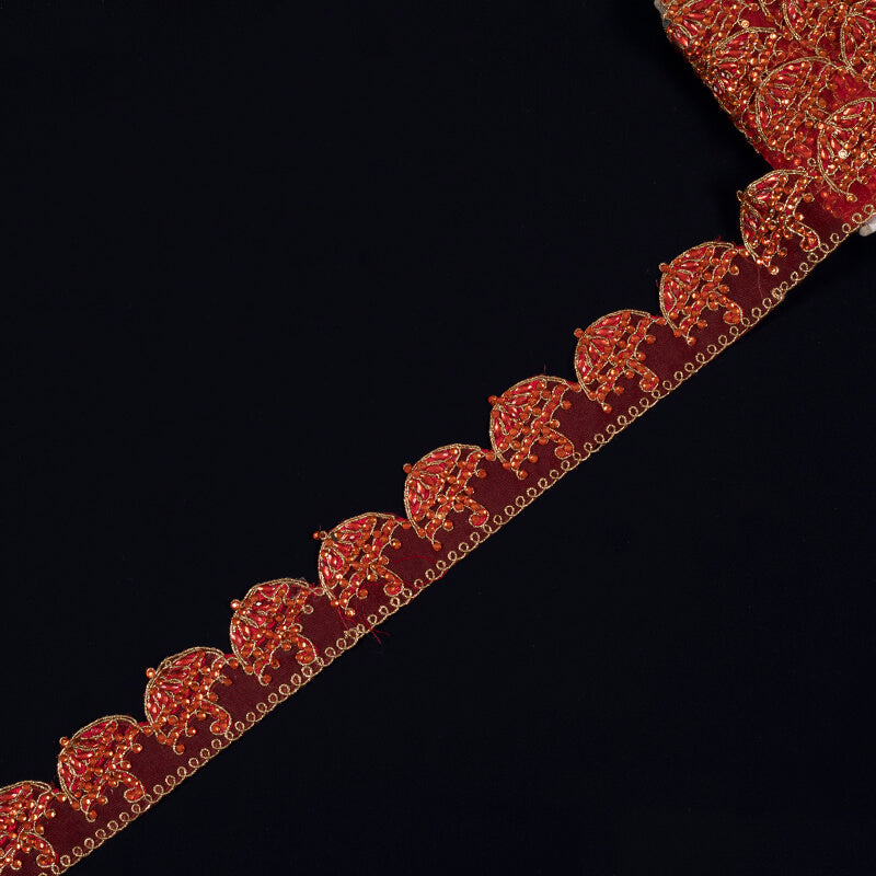 Red Stone Cut Work Embroidery Lace (9 Mtr) - Fabcurate