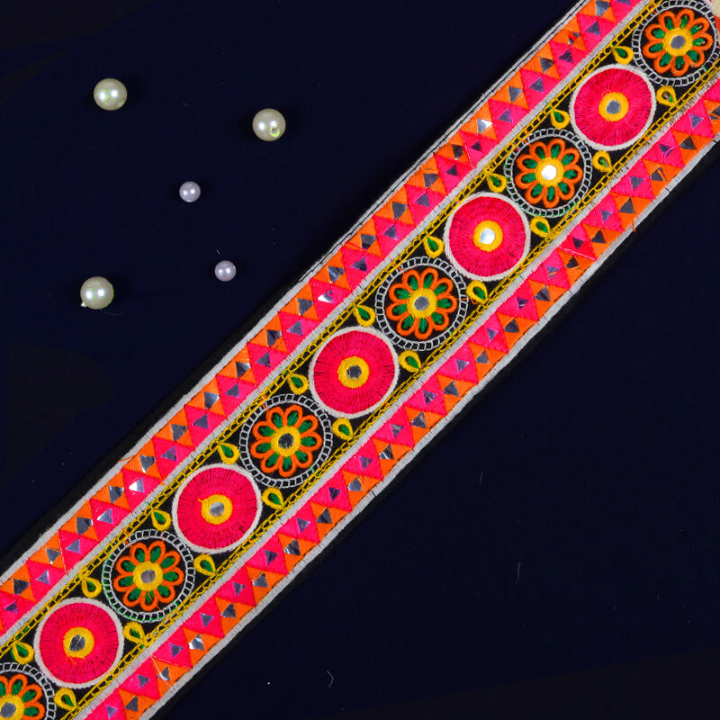 Multicolor Thread Mirror Work Embroidery Lace (9 Mtr) - Fabcurate