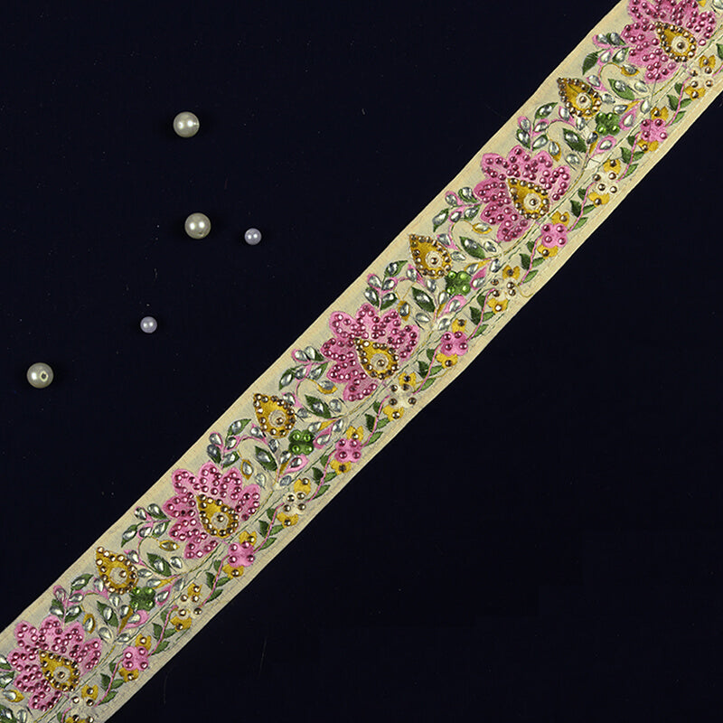 Multi-Color Thread Stone Embroidery Lace (9 Mtr) - Fabcurate