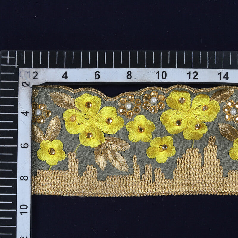 Gold Zari Stone Yellow Thread Cut Work Embroidery Lace (9 Mtr) - Fabcurate