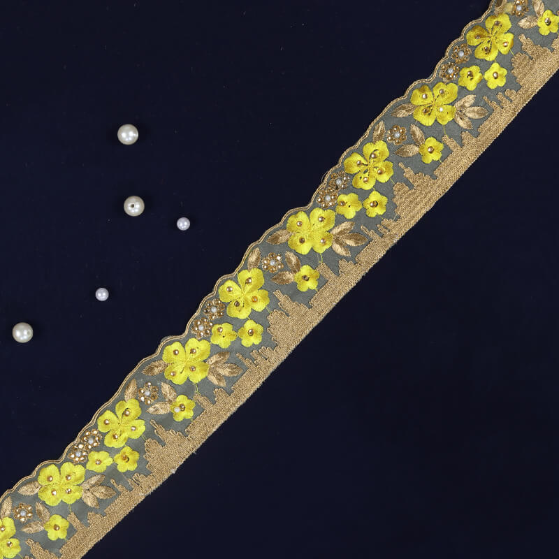 Gold Zari Stone Yellow Thread Cut Work Embroidery Lace (9 Mtr) - Fabcurate