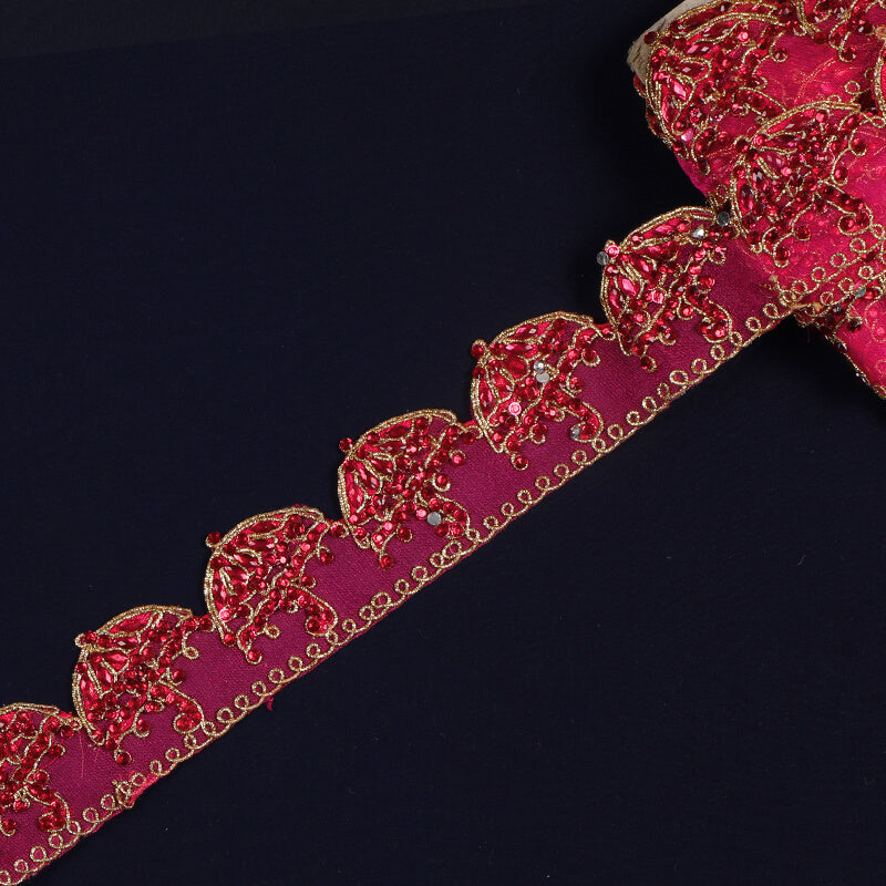 Magenta Pink Stone Cut Work Embroidery Lace (9 Mtr) - Fabcurate
