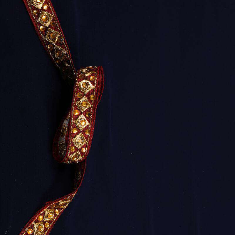 Gold Zari Stone Brown Thread Cut Work Embroidery Lace (9 Mtr) - Fabcurate