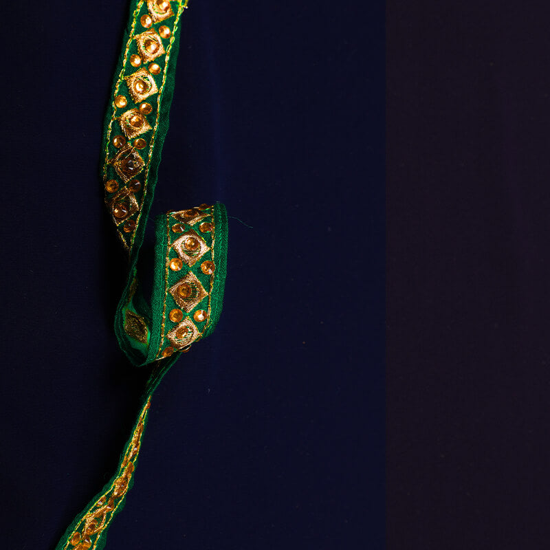 Gold Zari Stone Green Thread Cut Work Embroidery Lace (9 Mtr) - Fabcurate