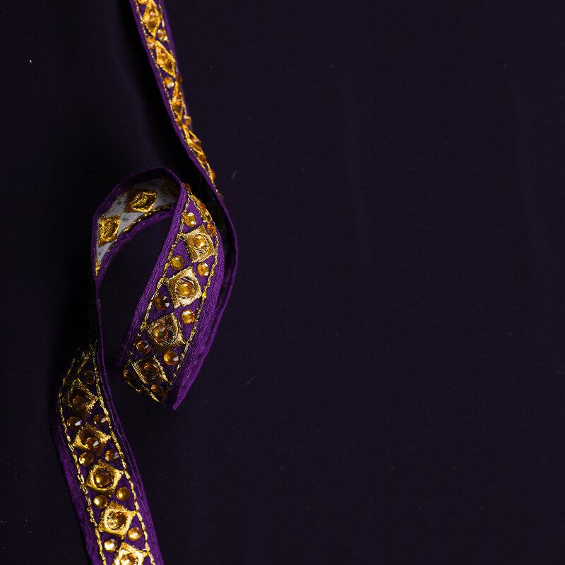 Gold Jari Stone Violet Thread Cut Work Embroidery Lace (9 Mtr) - Fabcurate