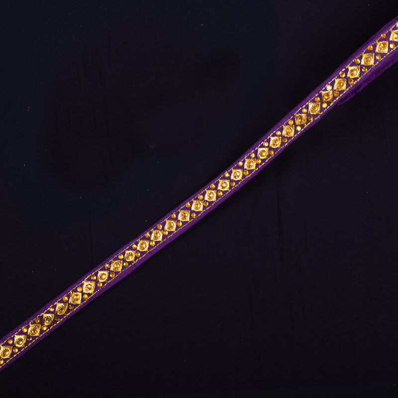 Gold Jari Stone Violet Thread Cut Work Embroidery Lace (9 Mtr) - Fabcurate