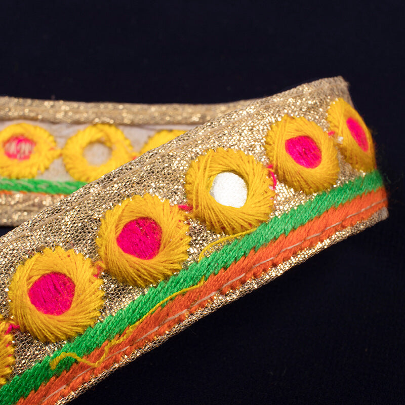 Yellow Thread Mirror Jari Patti Embroidery Lace (9 Mtr) - Fabcurate