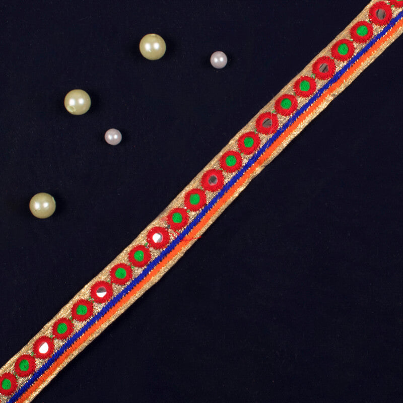 Red Thread Mirror Zari Patti Embroidery Lace (9 Mtr) - Fabcurate