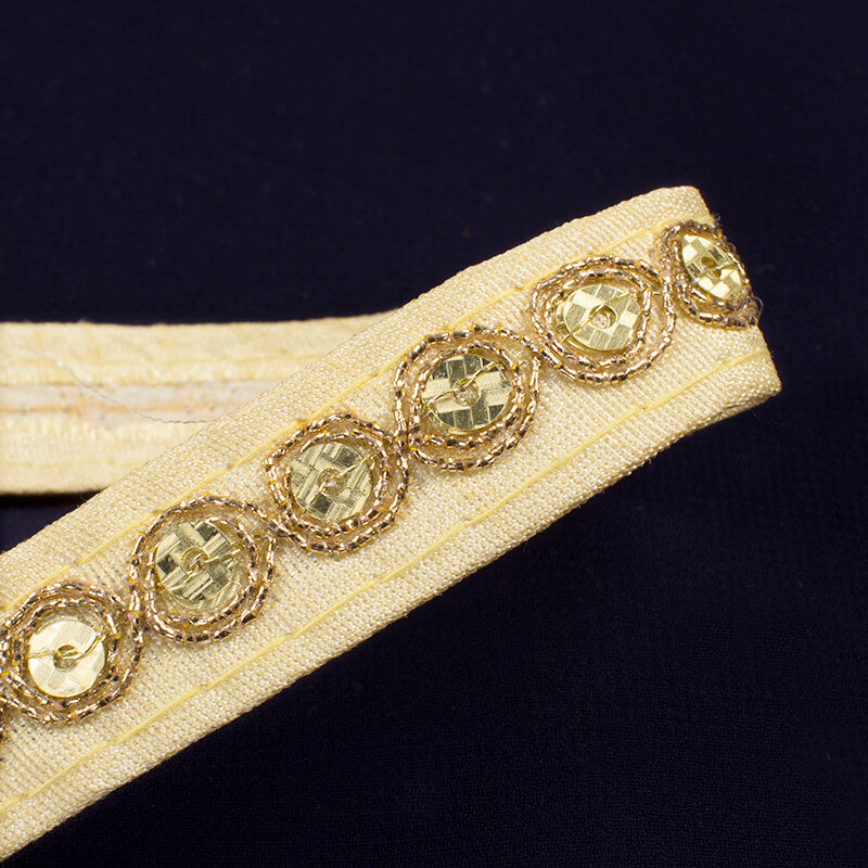 Gold Jari Cream Sequins Embroidery Lace (9 Mtr) - Fabcurate