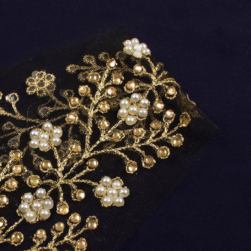 Gold Thread Stone Pearl Embridery Lace (9 Mtr) - Fabcurate