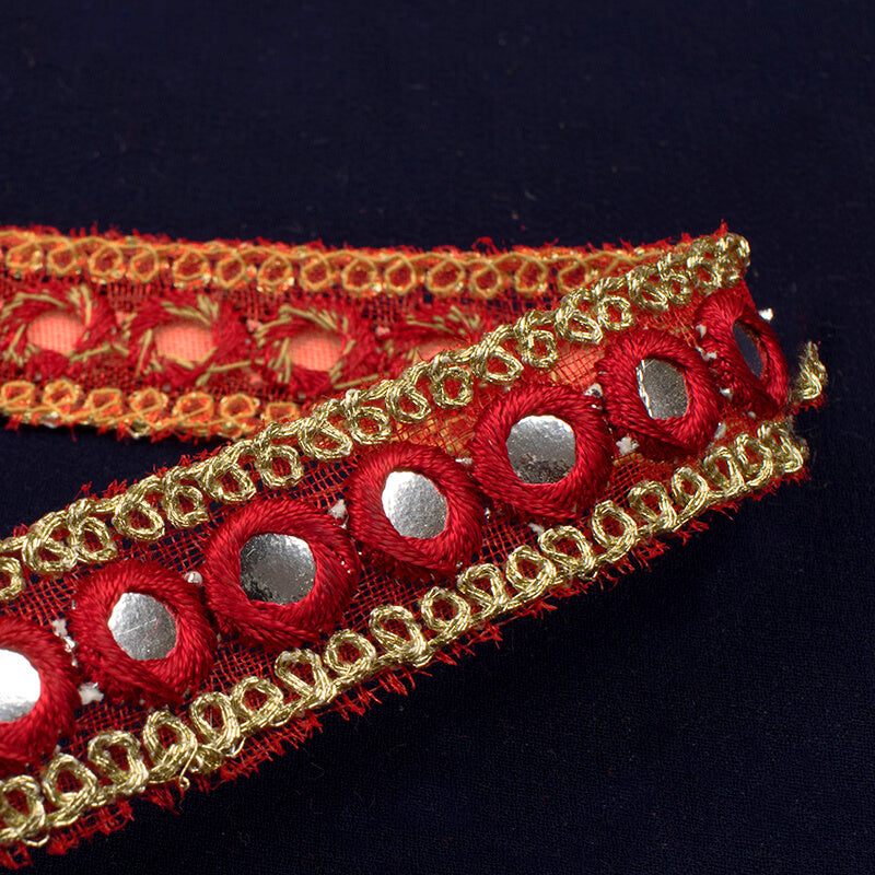 Red Thread Mirror Embroidery Lace (9 mtr) - Fabcurate