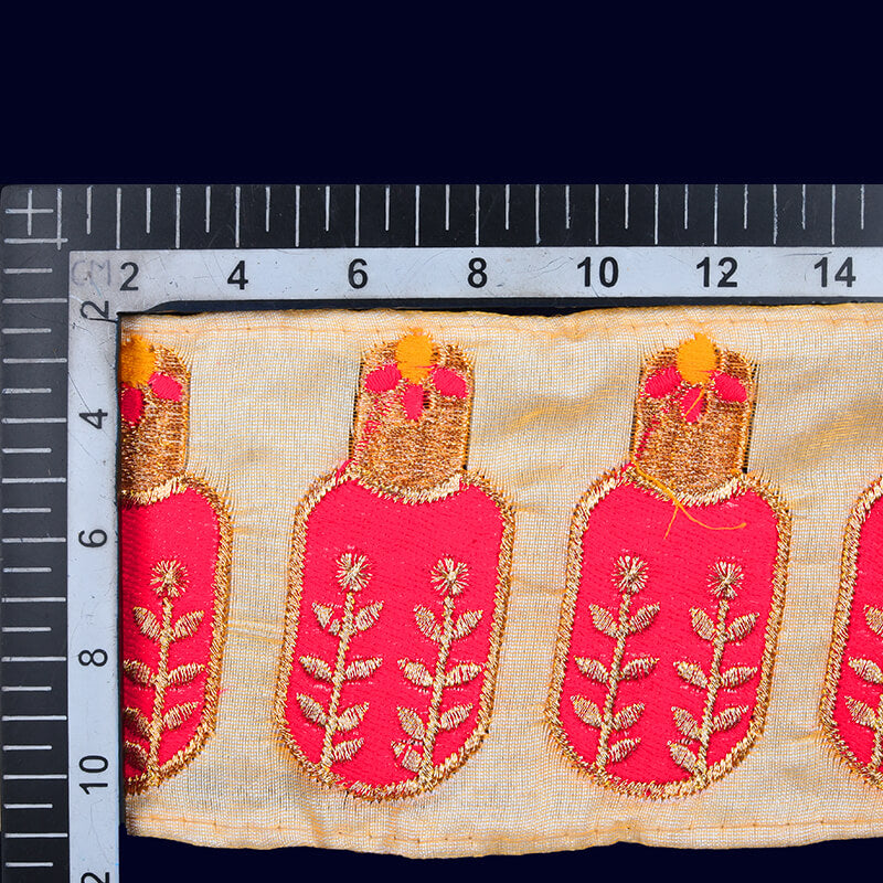 Gold Zari Dark Pink Thread Patti Embroidery Lace (9 Mtr) - Fabcurate