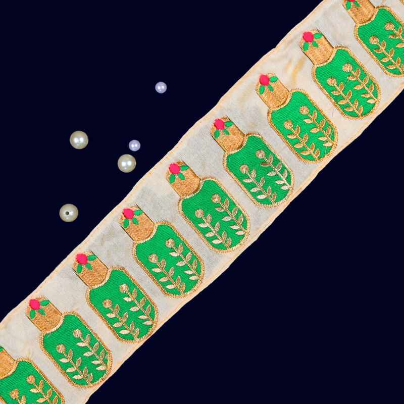 Gold Zari Parrot Green Thread Patti Embroidery Lace (9 Mtr) - Fabcurate