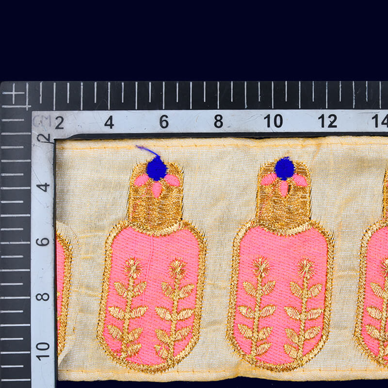 Gold Zari Pink Thread Patti Embroidery Lace (9 Mtr) - Fabcurate