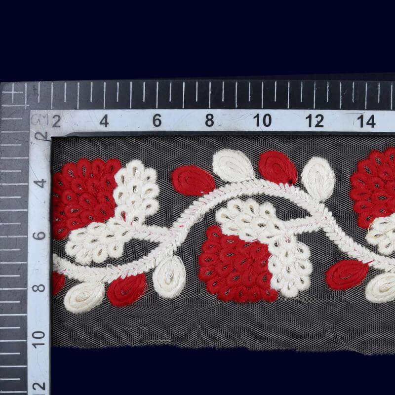 Blood Red Cream Thread Patti Embroidery Lace (9 Mtr) - Fabcurate