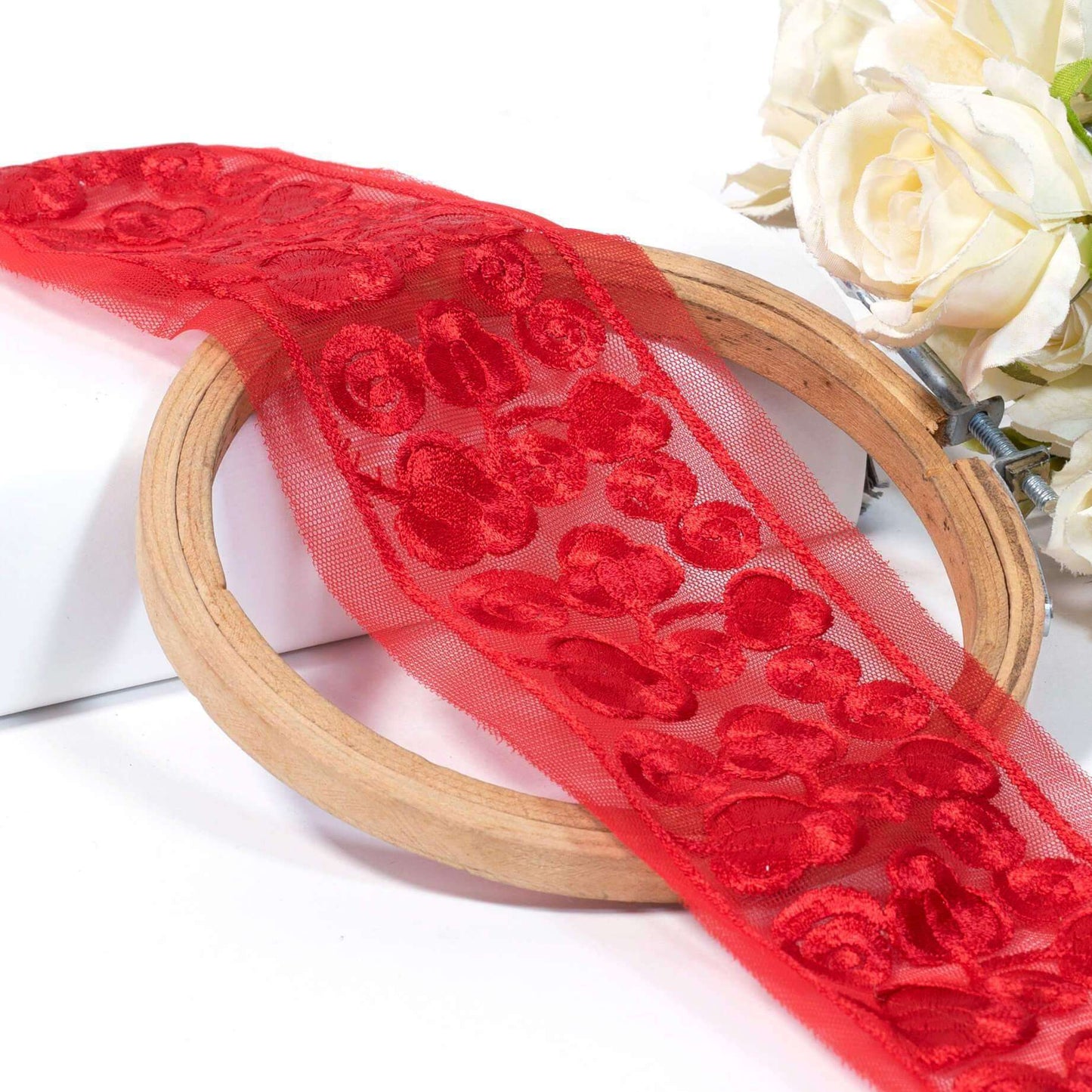 Cherry Red Floral Pattern Embroidery Net Lace (9 Mtr) - Fabcurate