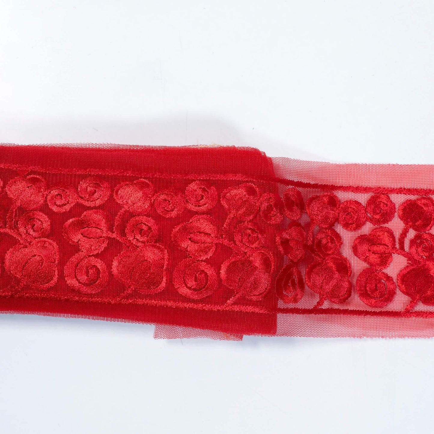 Cherry Red Floral Pattern Embroidery Net Lace (9 Mtr) - Fabcurate