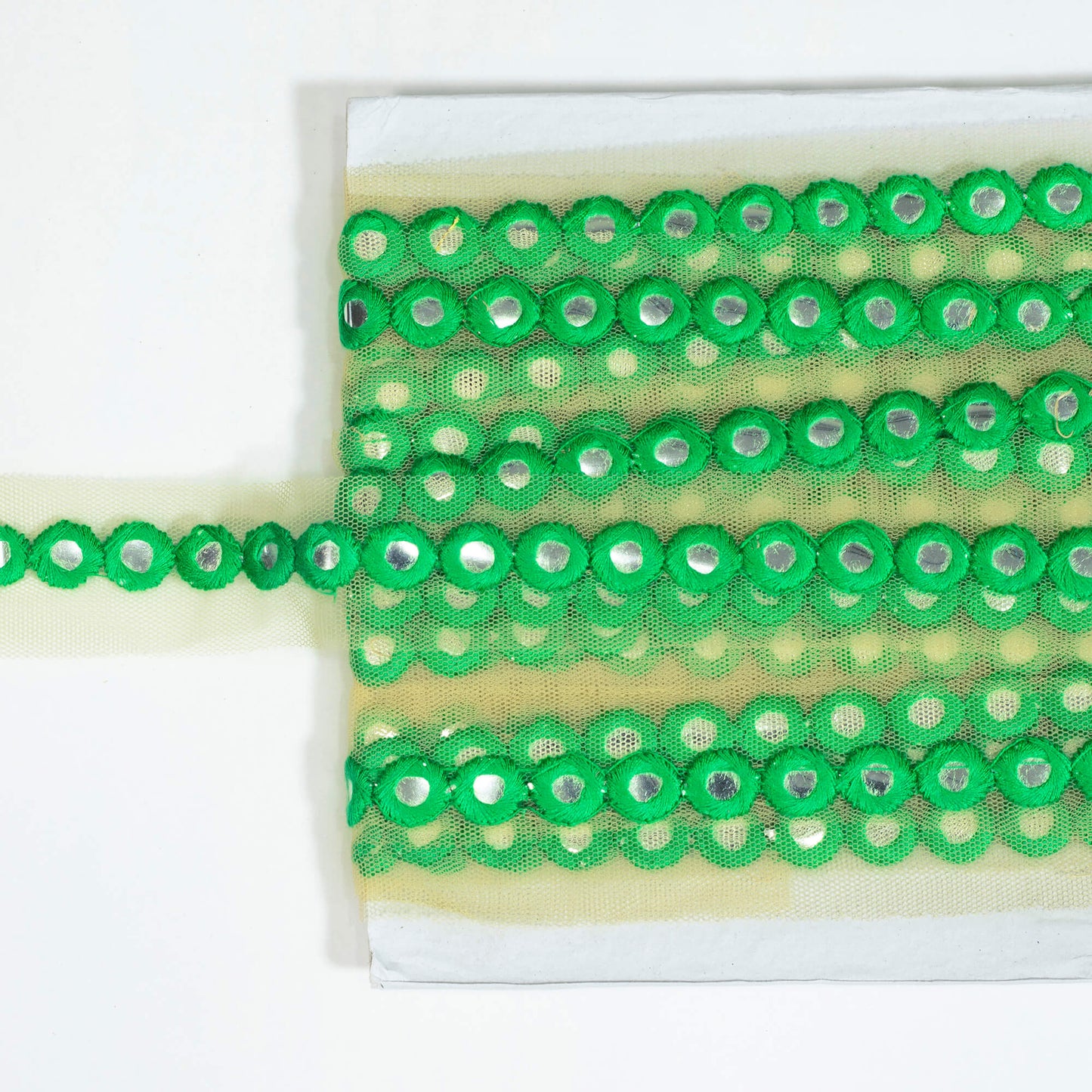 Shamrock Green Booti Pattern Foil Mirror Work Embroidery Net Lace (9 Mtr)