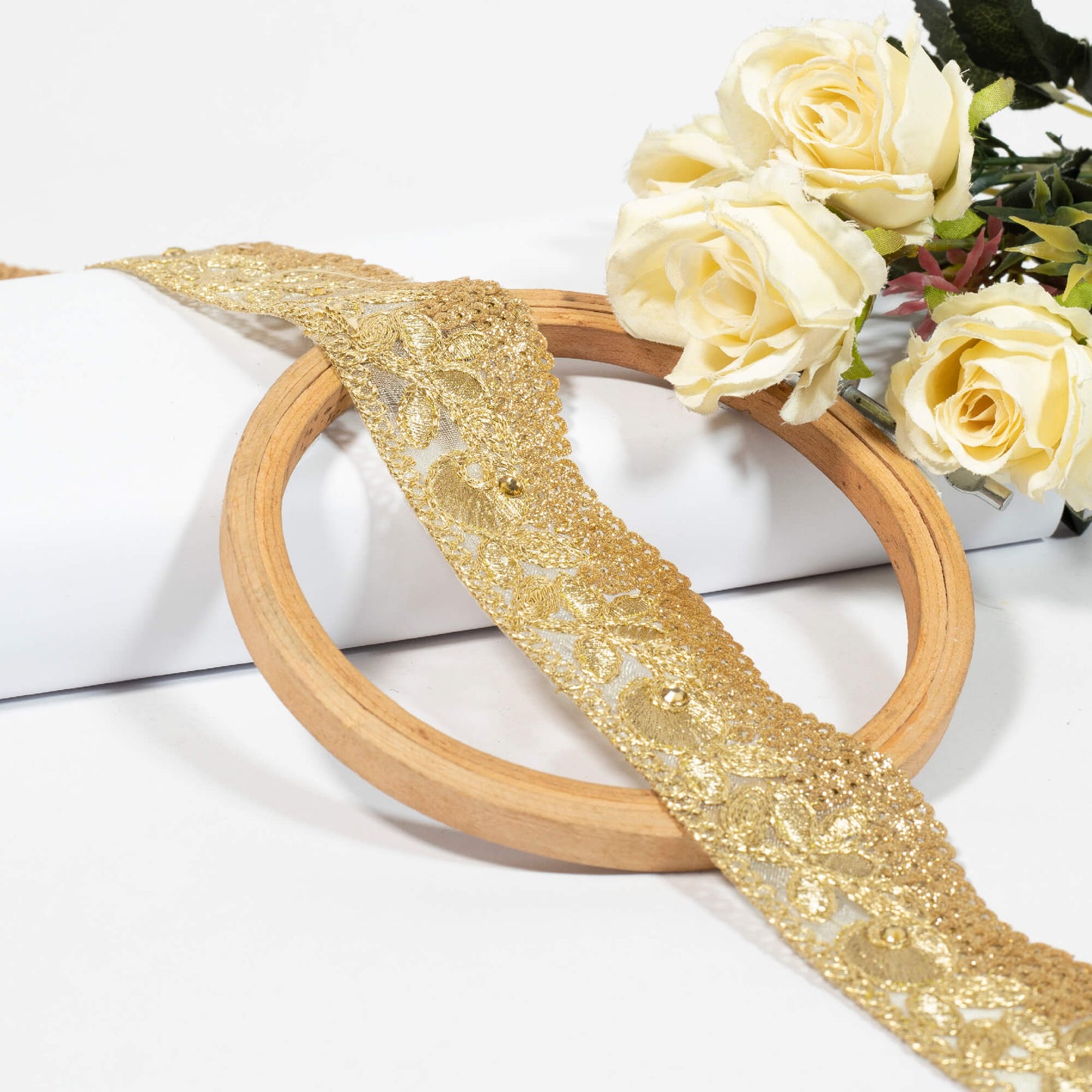 Golden Floral Pattern Zari Sequins Embroidery Organza Tissue Lace (9 Mtr)