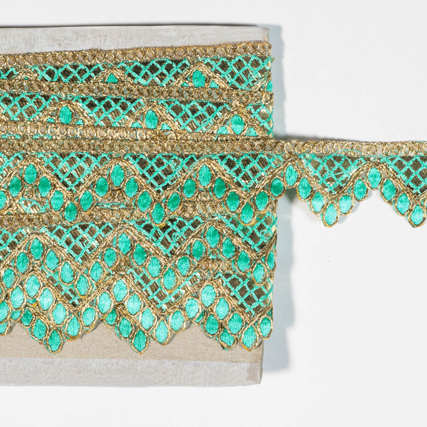 Turquoise Chevron Pattern Golden Foil Zari Embroidery Organza Tissue Lace (9 Mtr)
