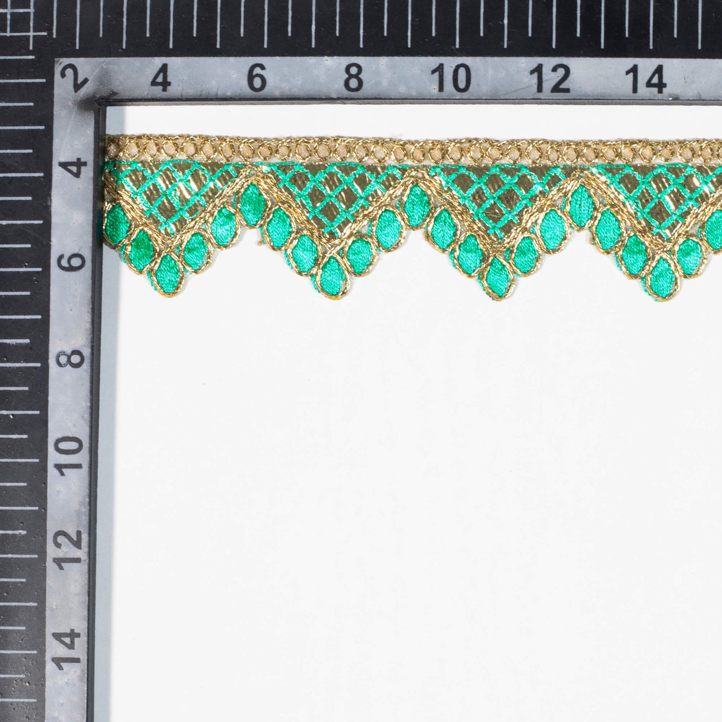 Turquoise Chevron Pattern Golden Foil Zari Embroidery Organza Tissue Lace (9 Mtr)