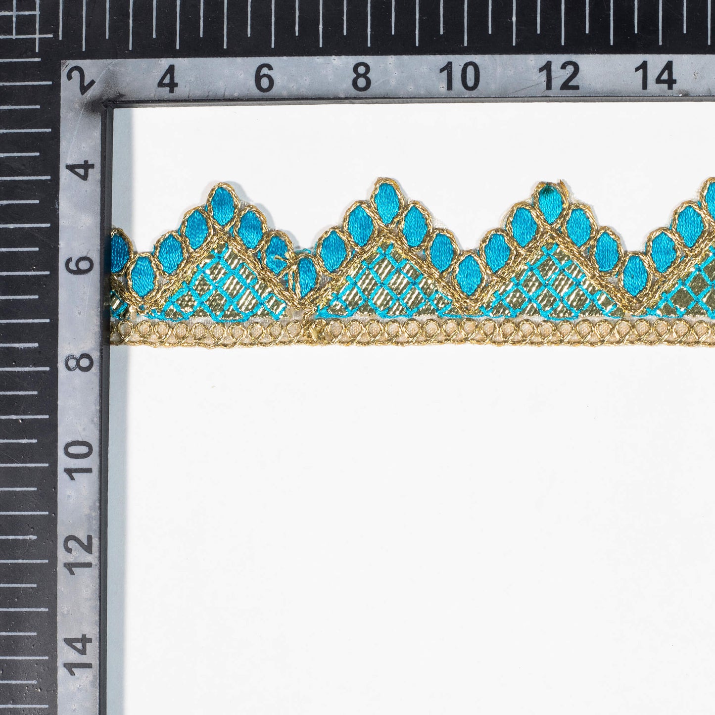 Olympic Blue Chevron Pattern Golden Foil Zari Embroidery Organza Tissue Lace (9 Mtr)