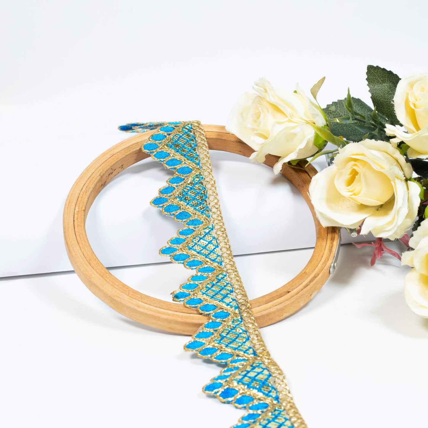 Olympic Blue Chevron Pattern Golden Foil Zari Embroidery Organza Tissue Lace (9 Mtr)