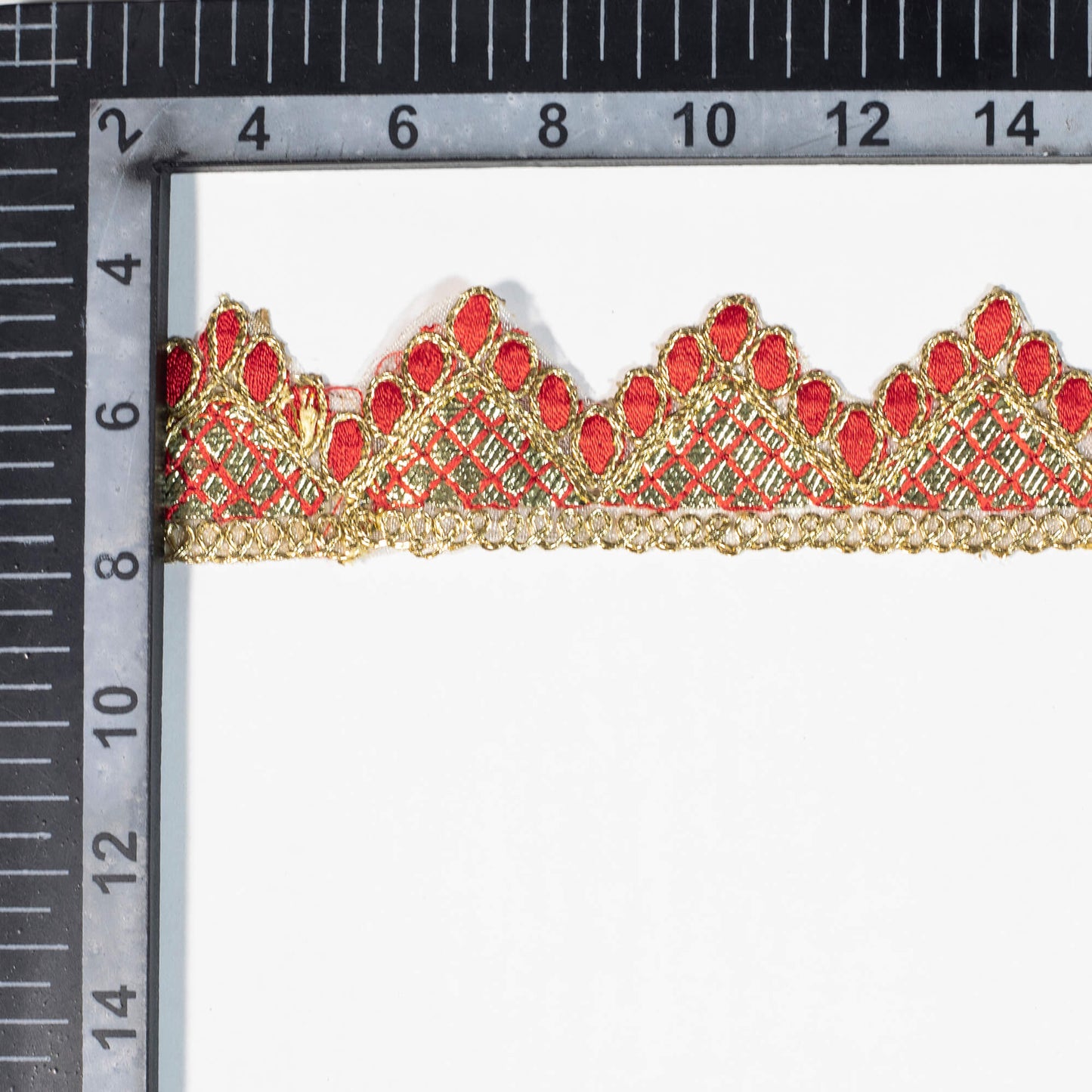Crimson Red Chevron Pattern Golden Foil Zari Embroidery Organza Tissue Lace (9 Mtr)