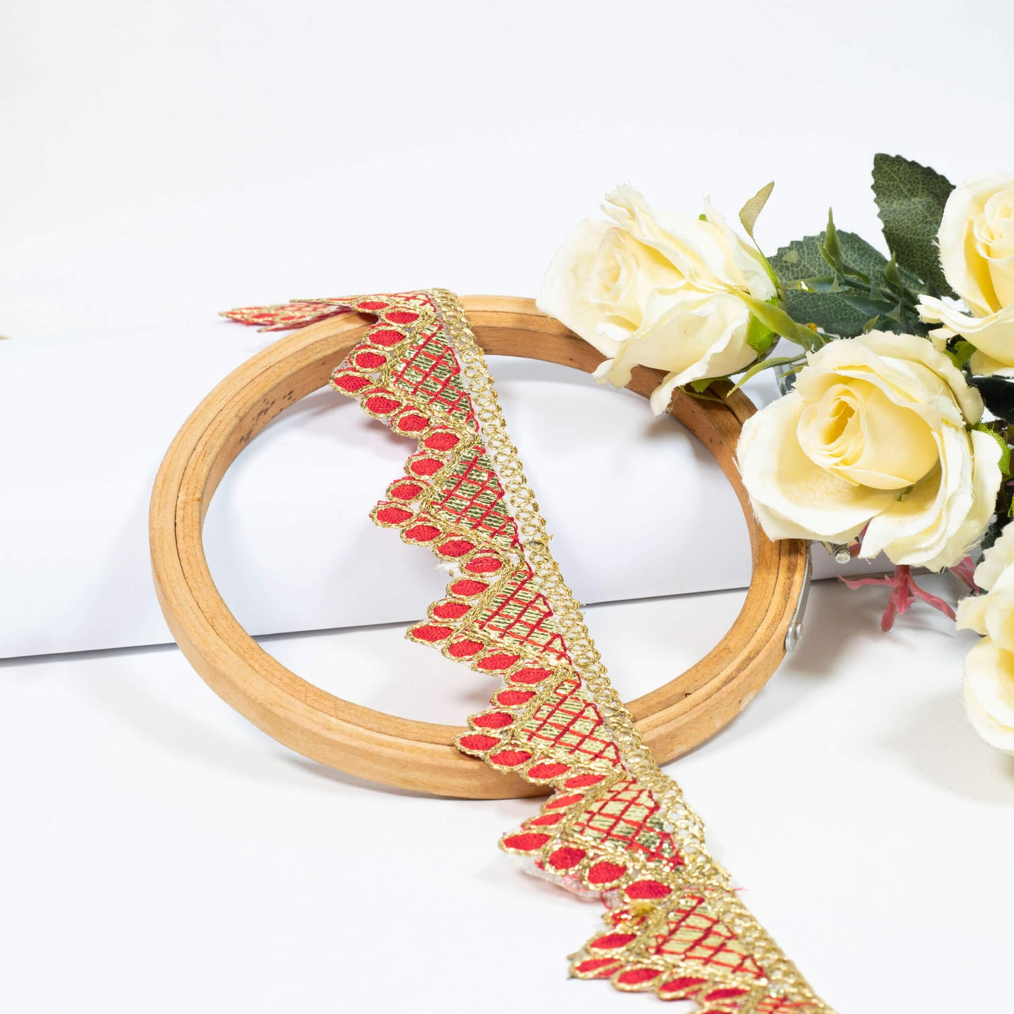 Crimson Red Chevron Pattern Golden Foil Zari Embroidery Organza Tissue Lace (9 Mtr)