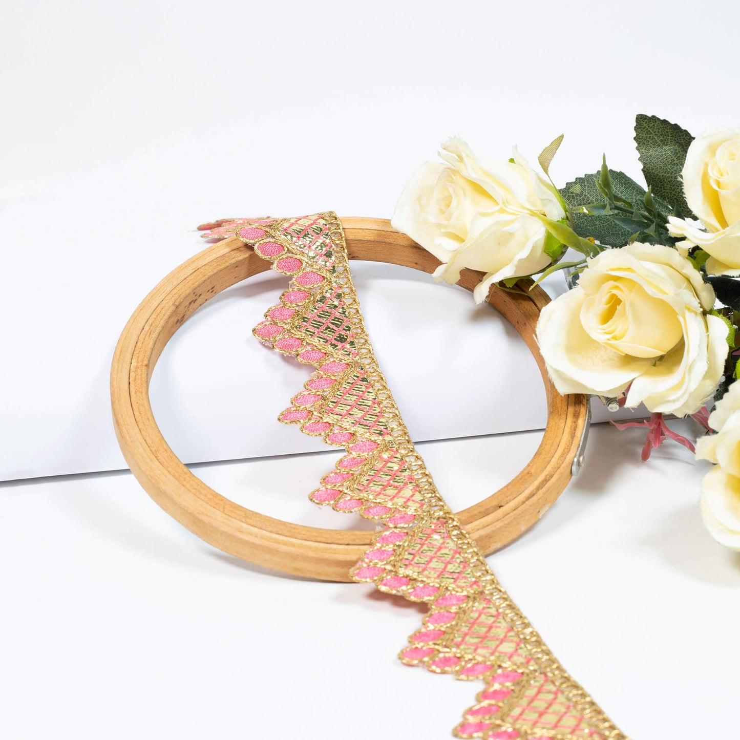 Fandango Pink Chevron Pattern Golden Foil Zari Embroidery Organza Tissue Lace (9 Mtr)