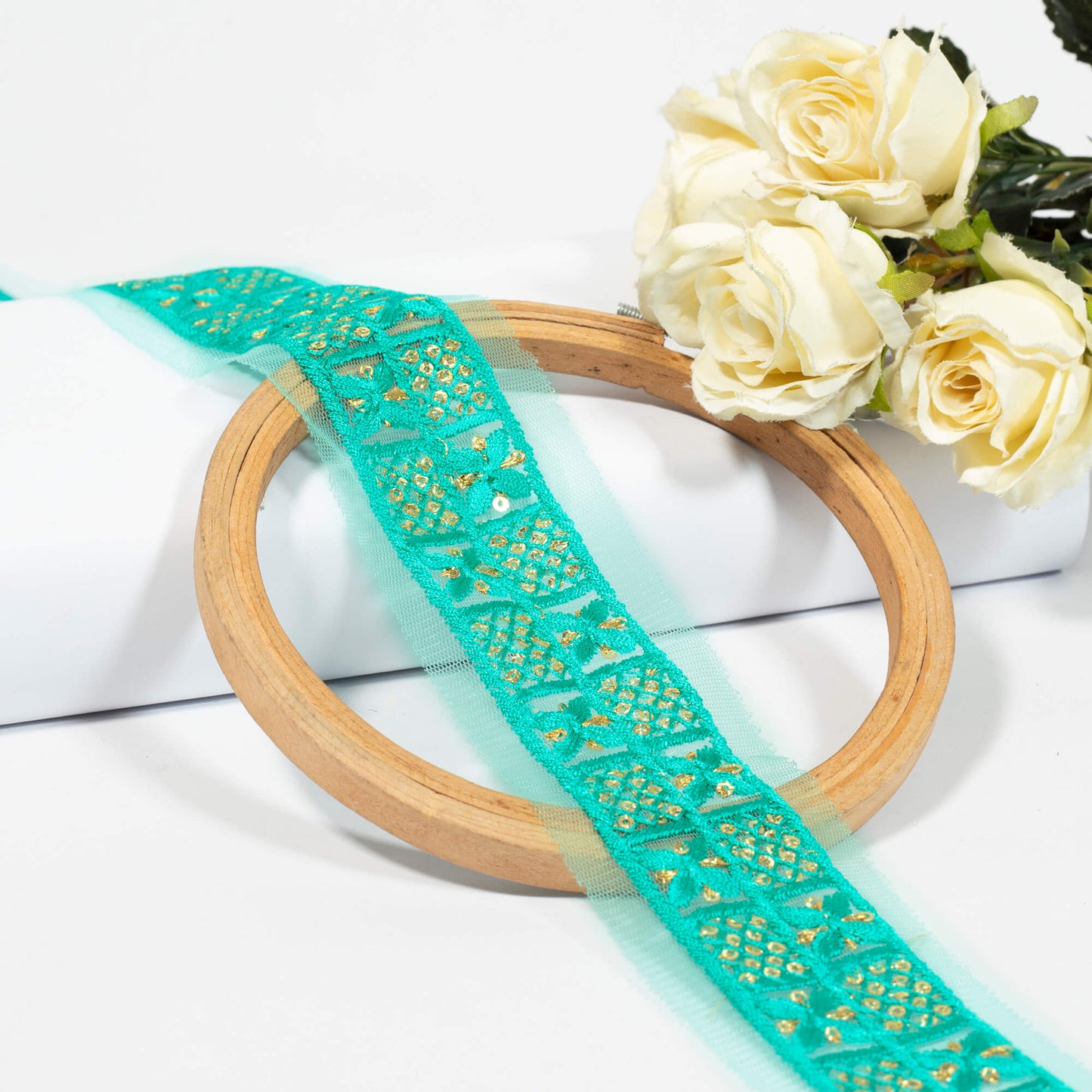 Turquoise Floral Pattern Sequins Embroidery Net Lace (9 Mtr)