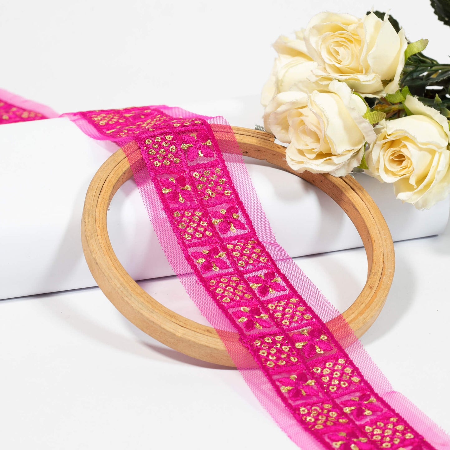 Magenta Pink Floral Pattern Sequins Embroidery Net Lace (9 Mtr)