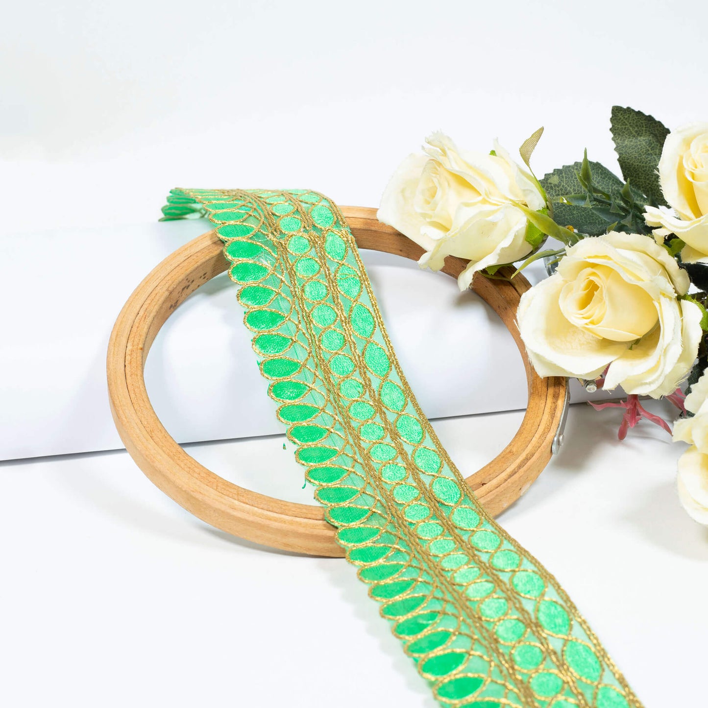 Paris Green Geometric Pattern Zari Embroidery Organza Tissue Lace (9 Mtr)