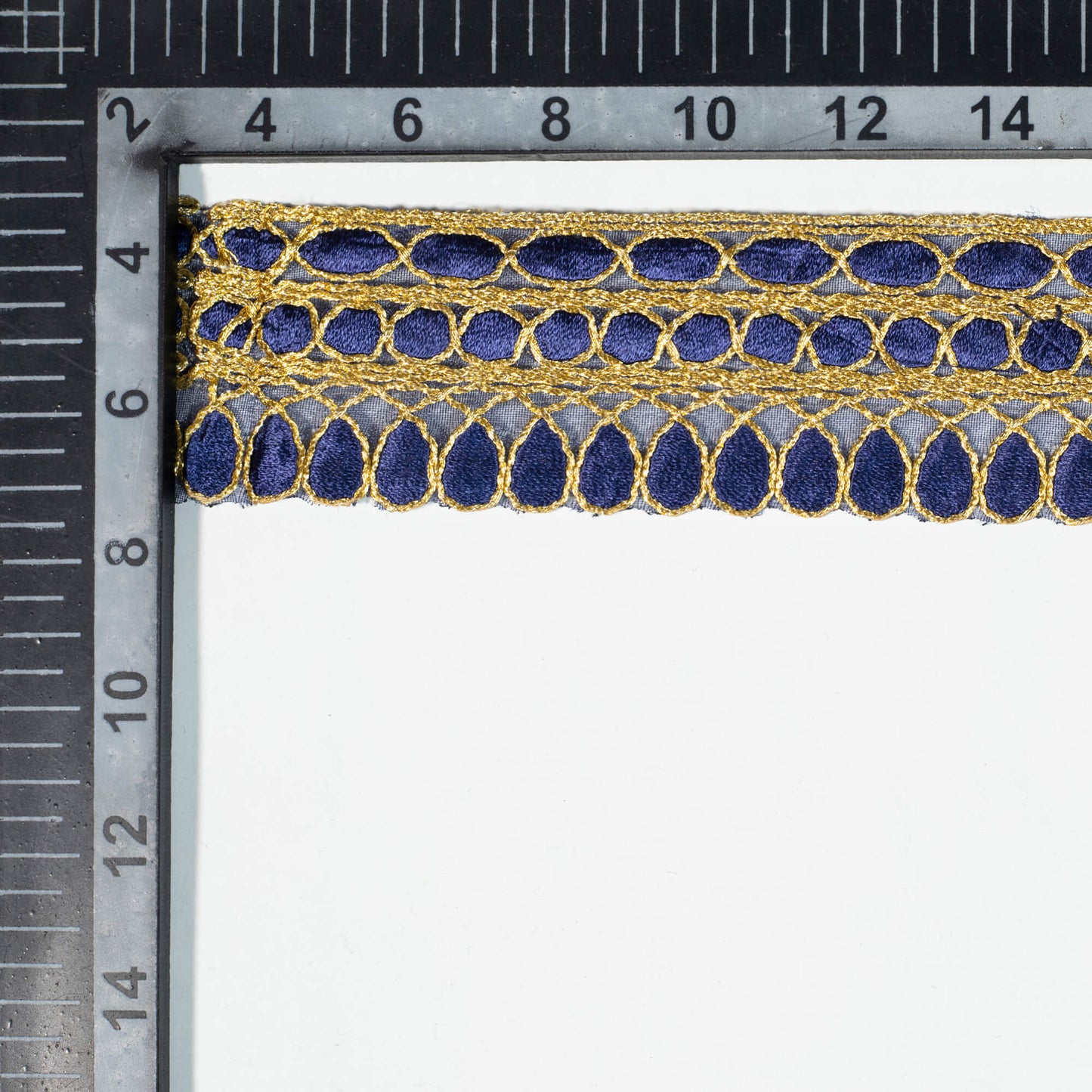 Prussian Blue Geometric Pattern Zari Embroidery Organza Tissue Lace (9 Mtr)