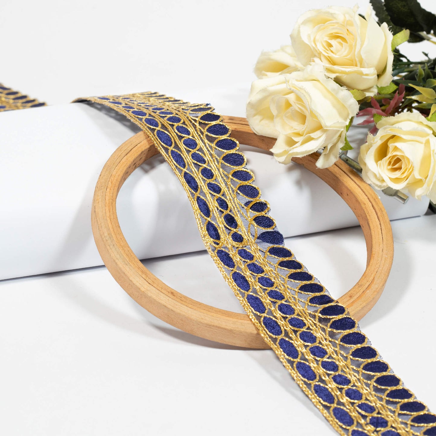 Prussian Blue Geometric Pattern Zari Embroidery Organza Tissue Lace (9 Mtr)