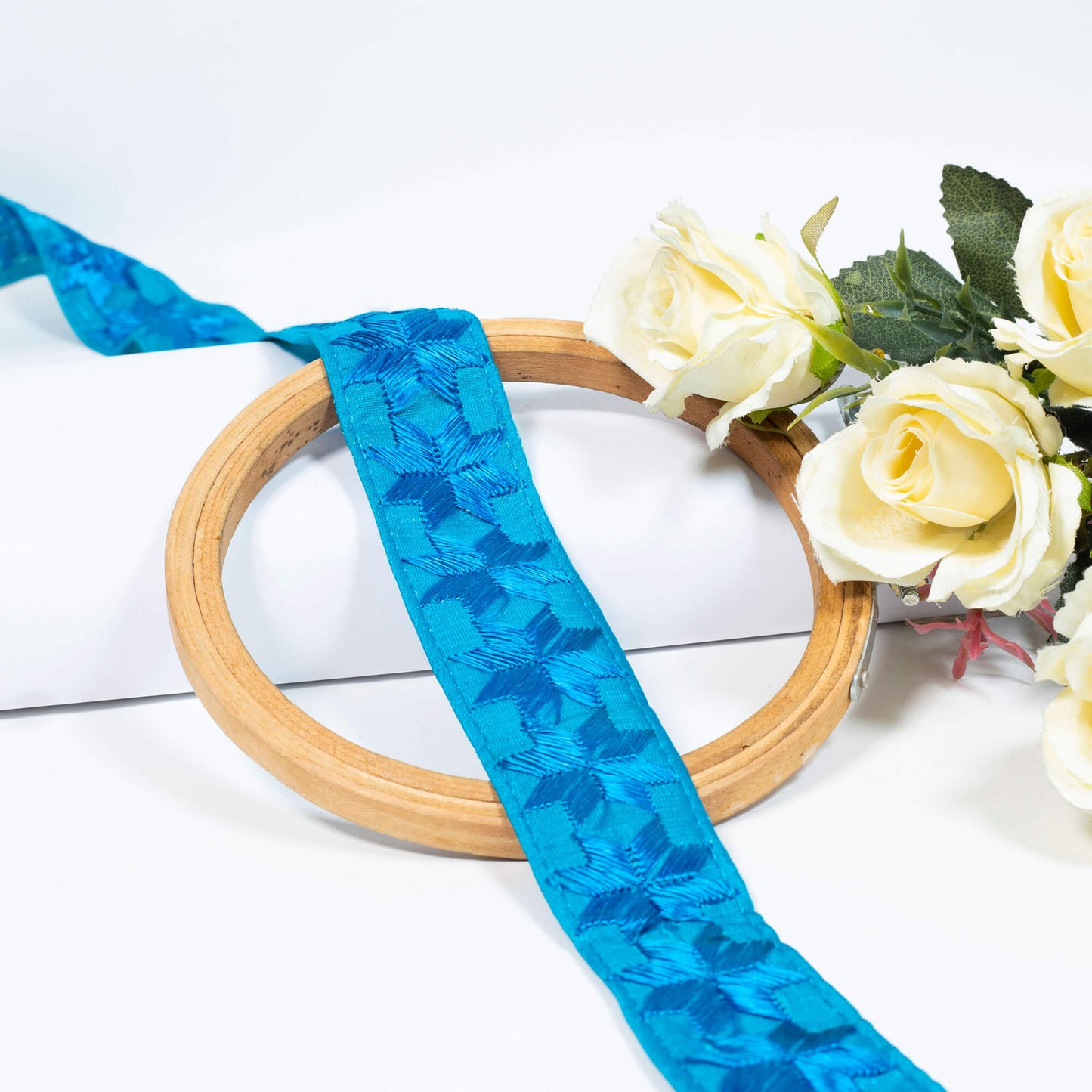 Azure Blue Abstract Pattern Embroidery Tusser Silk Lace (9 Mtr)