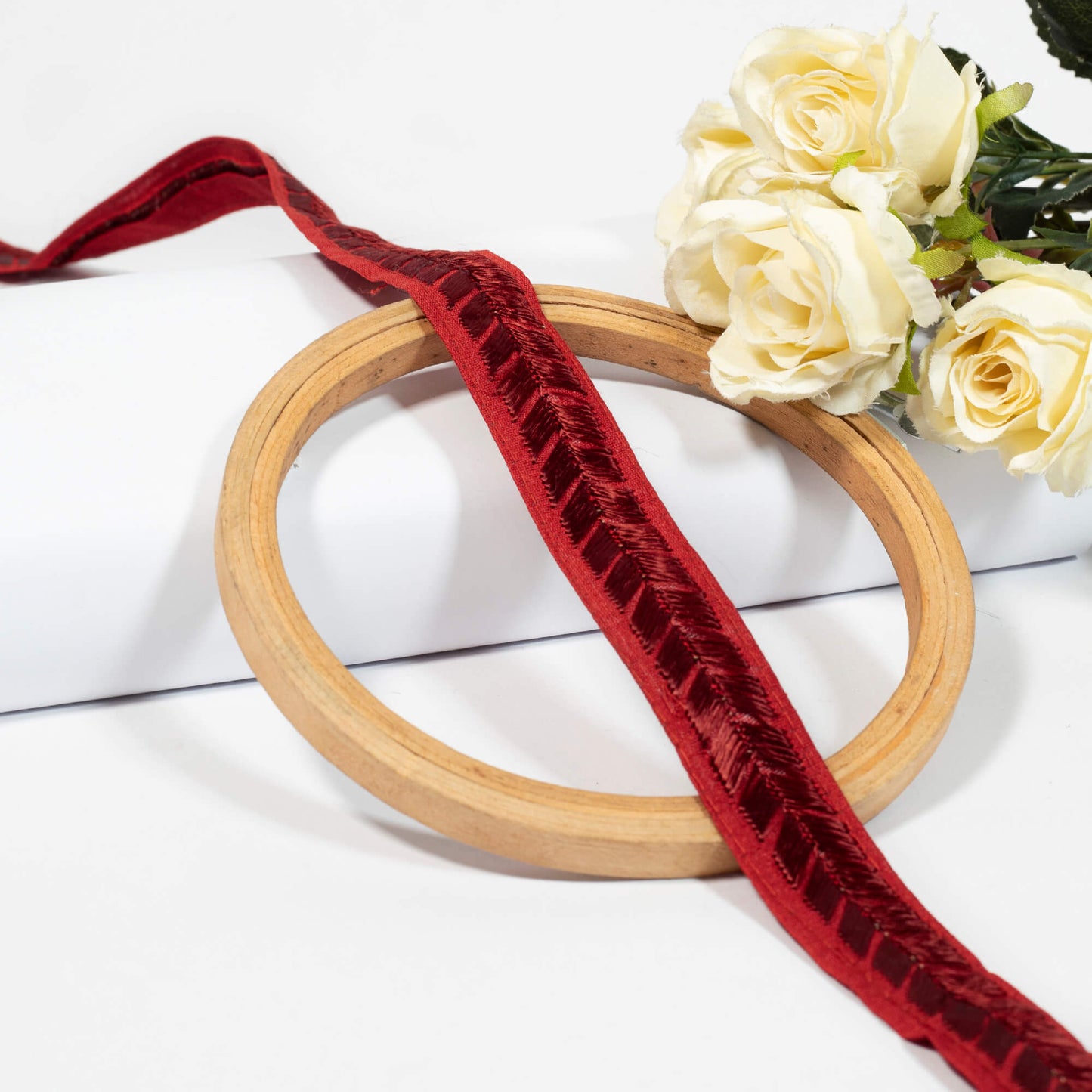 Carmine Red Abstract Pattern Embroidery Tusser Silk Lace (9 Mtr)