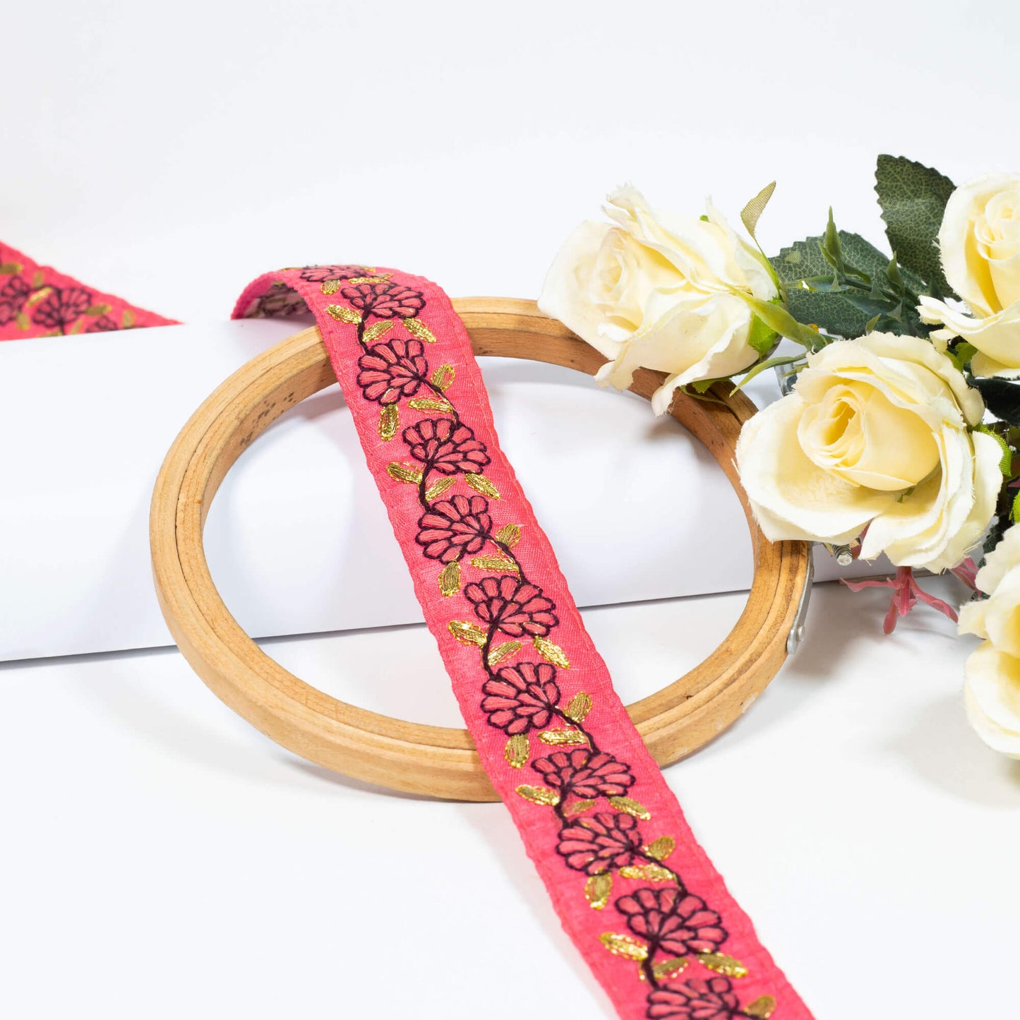 Punch Pink Floral Pattern Zari Embroidery Tusser Silk Lace (9 Mtr)