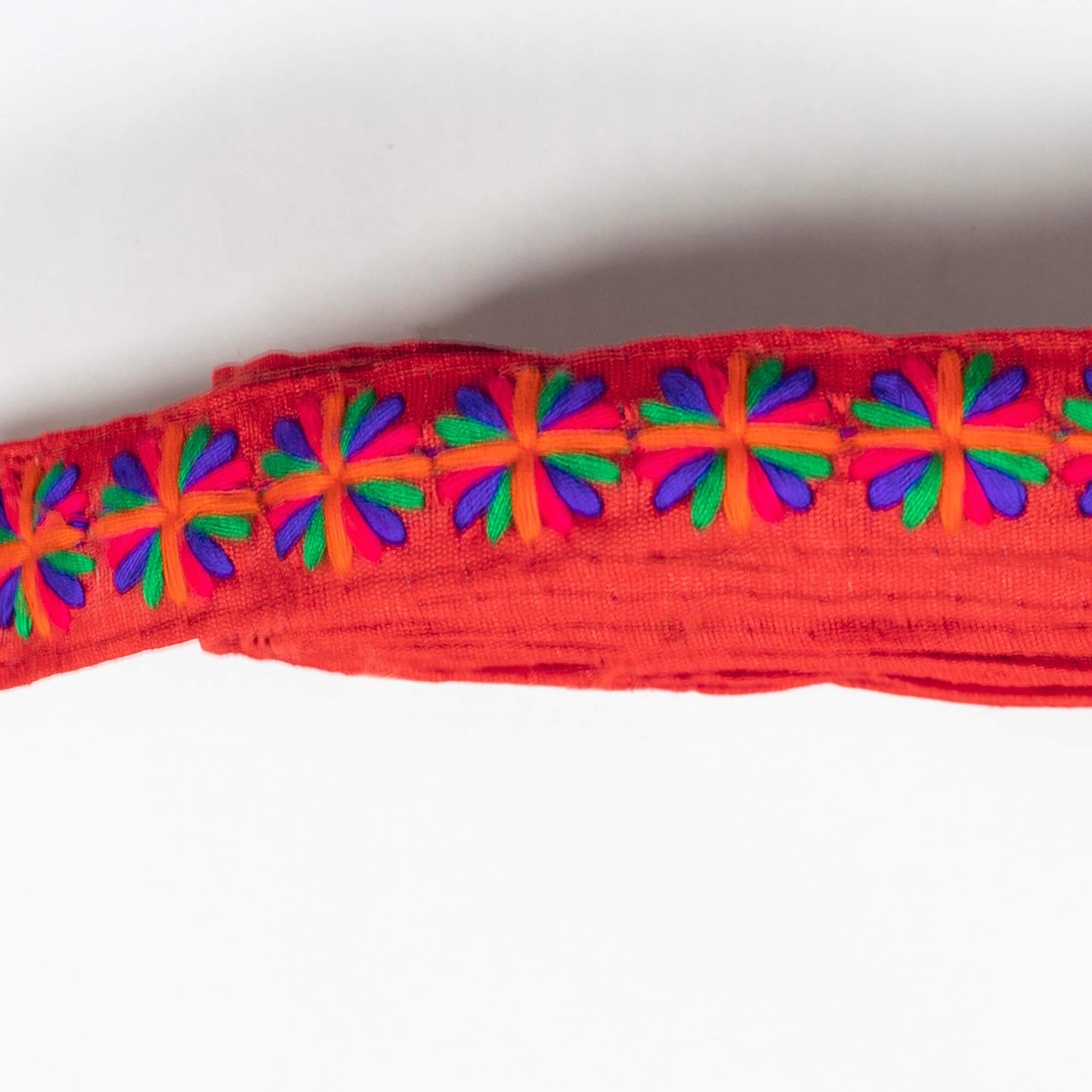 Cherry Red Floral Pattern Embroidery Tusser Silk Lace (9 Mtr)