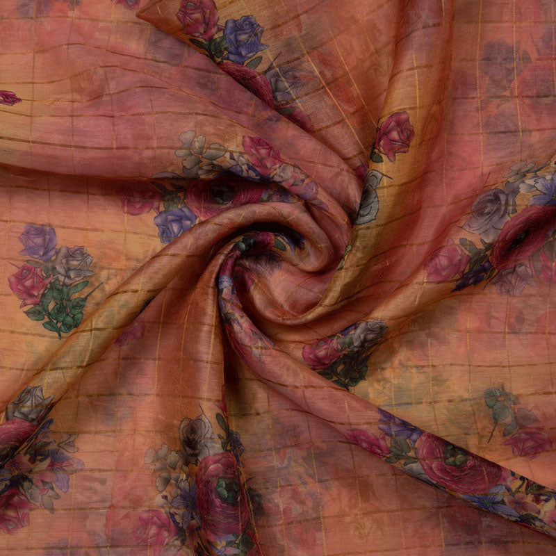 Digital Floral Print Zari Checks Chanderi Feel Fabric