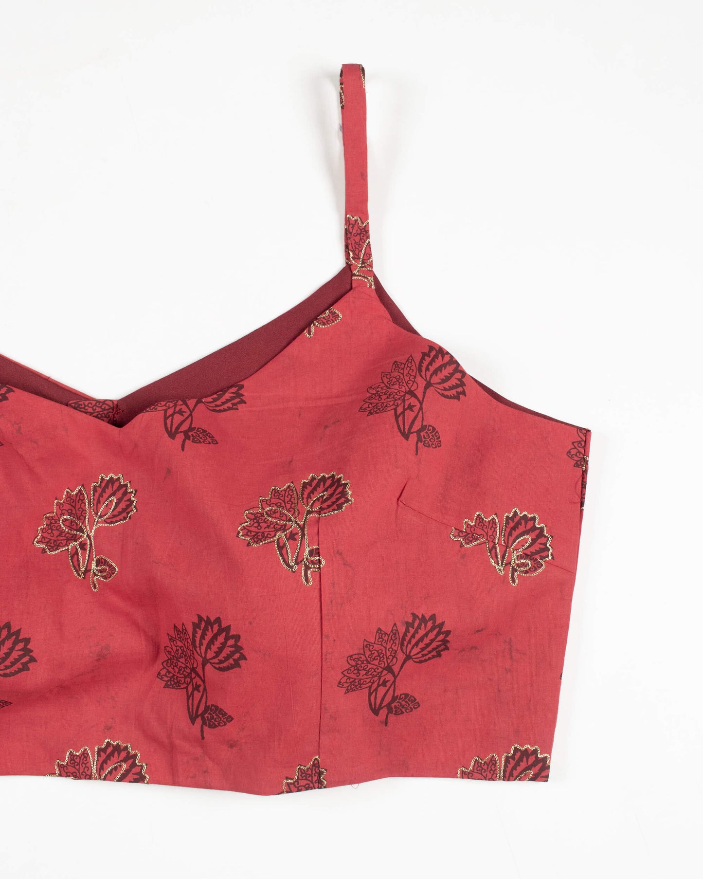 Red Printed Zari Embroidery Cotton Strappy Blouse