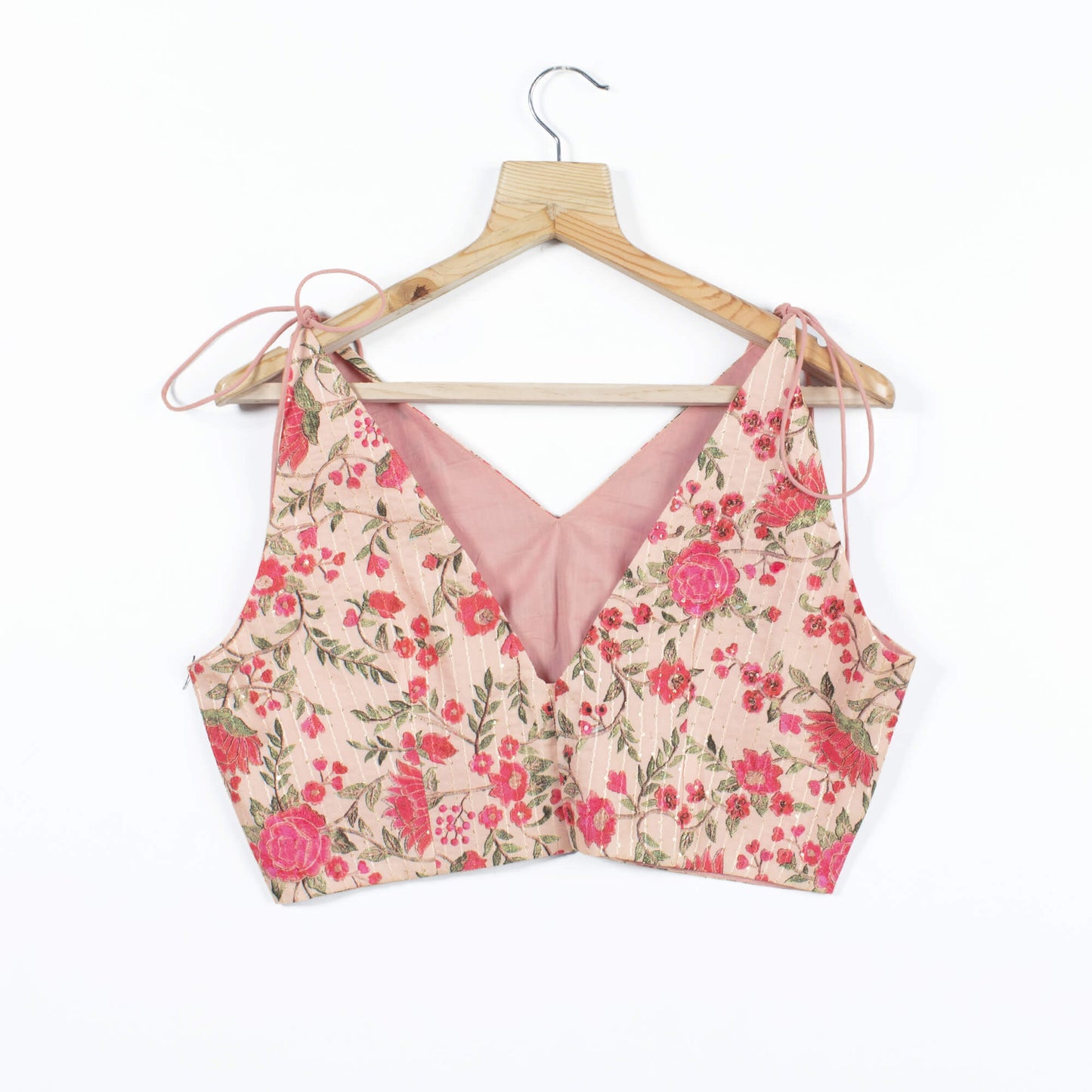 Floral Printed Sequins Crepe Spaghetti Tie Up Blouse