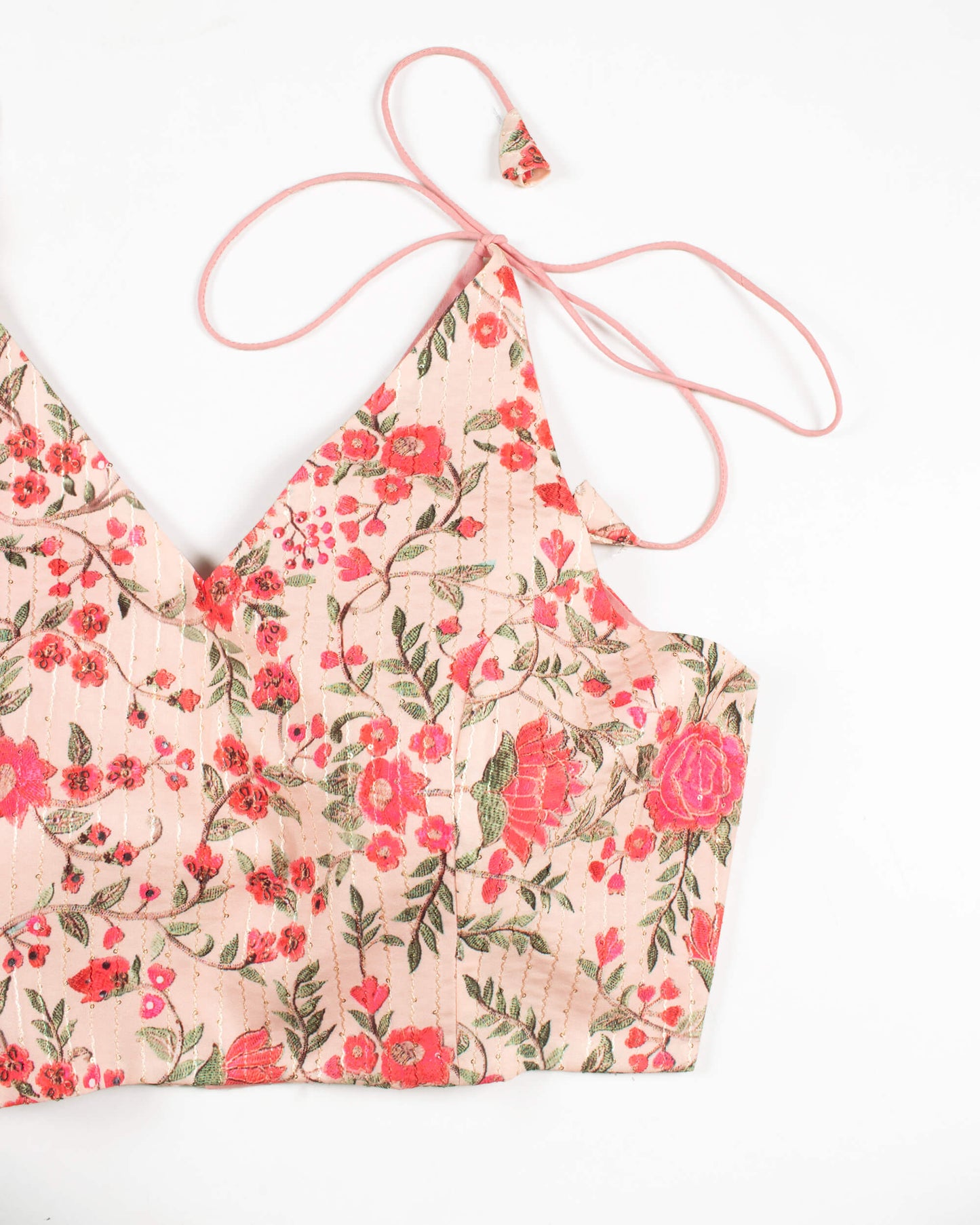 Floral Printed Sequins Crepe Spaghetti Tie Up Blouse