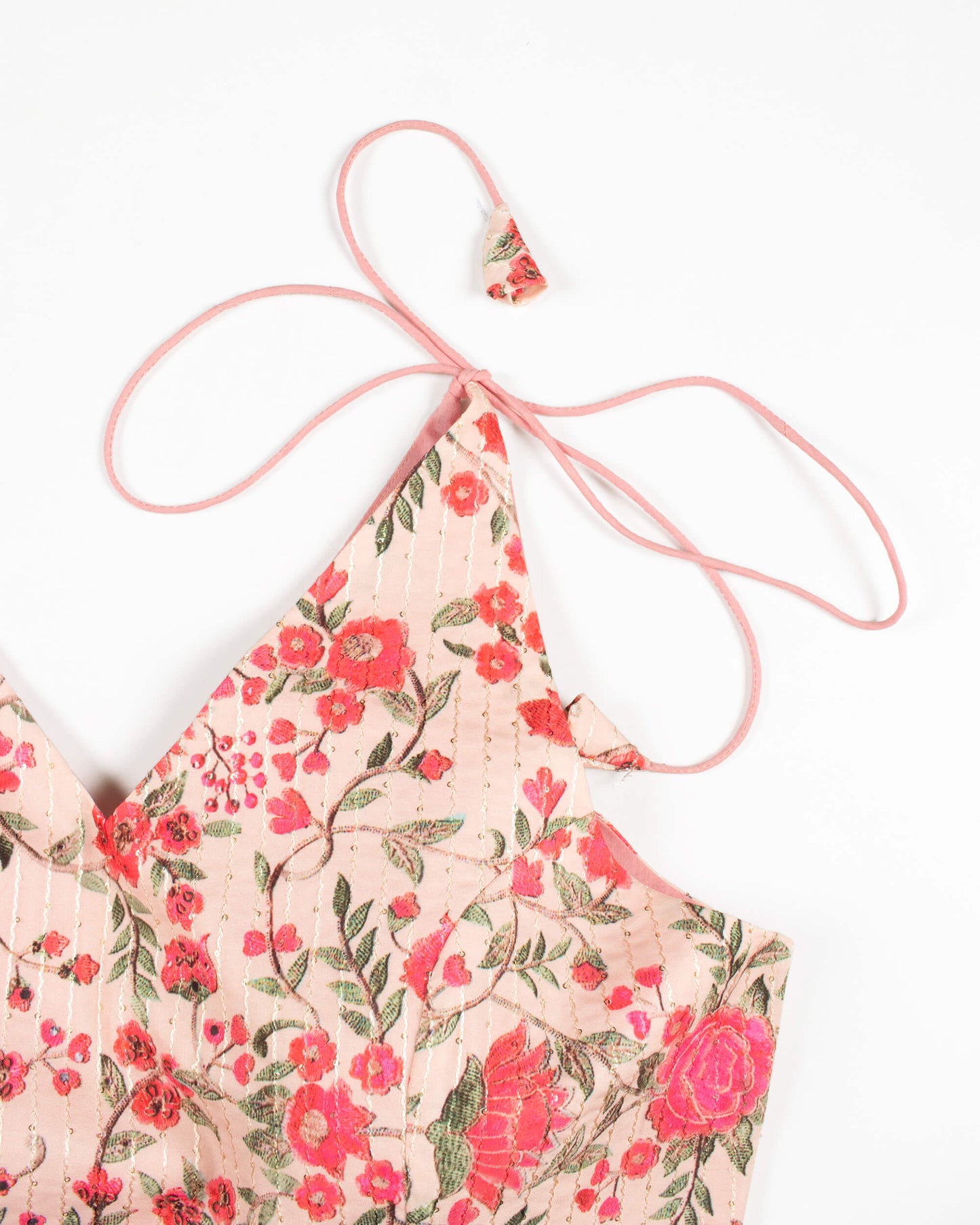 Floral Printed Sequins Crepe Spaghetti Tie Up Blouse